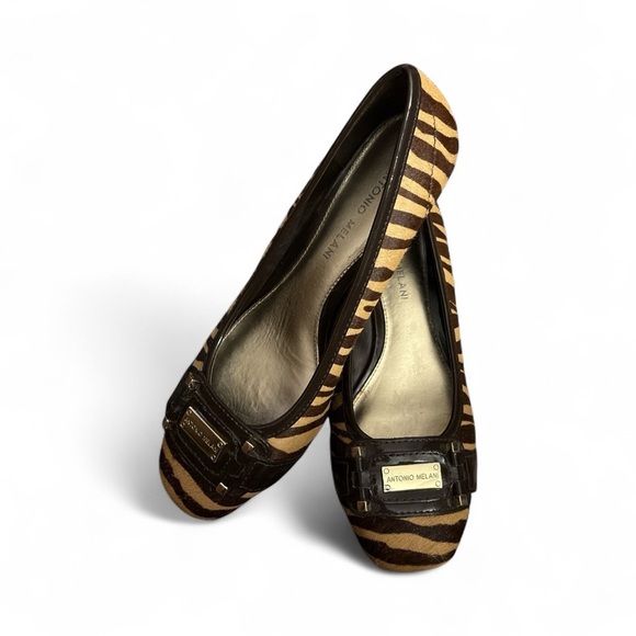 Antonio Melani Brown & Gold & Zebra, Gold Logo Cowhide Heels Women's Size 7.5 - Picture 3 of 7